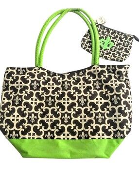 NWT. Fleur-de-Lis Zip Top Canvas Tote & Catch All Lime Green Accents.